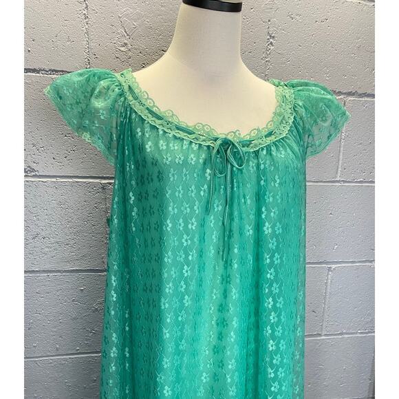 Vintage 1950s Green Nylon Chiffon Nightgown Floral Embroidered Semi Sheer Large - Picture 4 of 11
